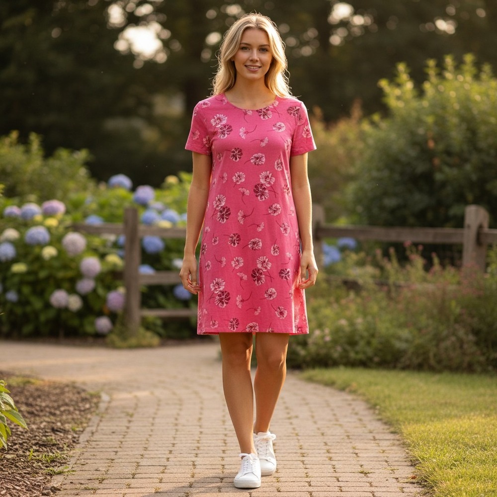 LL Bean Vintage 100% Linen Pink Floral Shift Dress 10P Natural fiber sustainable